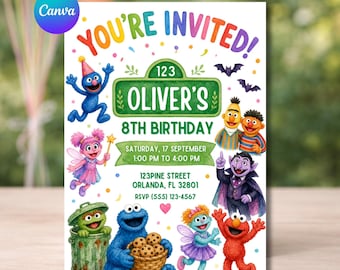 Sesame Street Birthday Invitation, Elmo Party Invite, Editable Digital Template