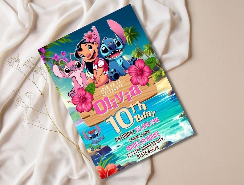 Stitch and Angel Birthday Invitation Editable Template, Kids Lilo & Stitch Party Invite, Printable 5x7 Digital Birthday Canva Evite