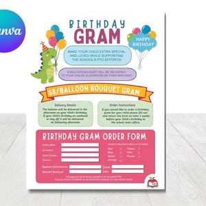 Op de afbeelding: Een kleurrijke verjaardagsgramflyer met de tekst "Birthday Gram" en "Happy Birthday". Het toont een cartoon dinosaurus met ballonnen en een bestelformulier.
