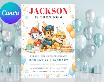 Modèle d'invitation d'anniversaire de patrouille de chiot, Paw-ty de toile modifiable (téléchargement instantané)