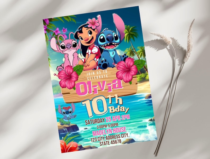 Stitch and Angel Birthday Invitation Editable Template, Kids Lilo & Stitch Party Invite, Printable 5x7 Digital Birthday Canva Evite