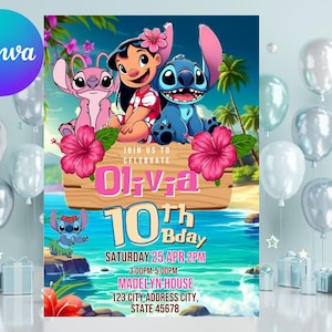 スティッチとエンジェルの誕生日招待状（編集可能テンプレート）、子供向けリロ＆スティッチパーティー招待状、印刷可能な5x7デジタルバースデーCanva Evite