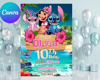 Plantilla editable de invitación de cumpleaños de Stitch y Ángel, invitación para fiesta infantil de Lilo y Stitch, imprimible digital de 5x7 pulgadas de Canva para cumpleaños.