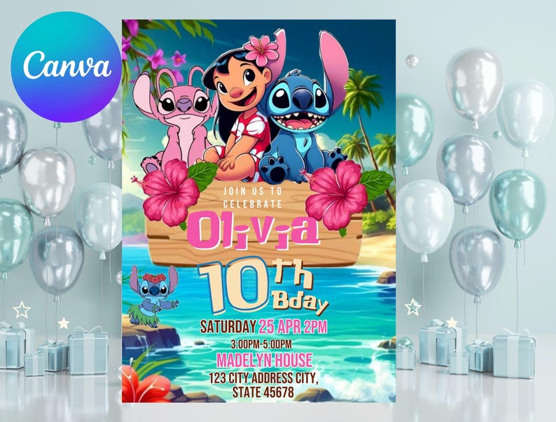 Stitch and Angel Birthday Invitation Editable Template, Kids Lilo & Stitch Party Invite, Printable 5x7 Digital Birthday Canva Evite