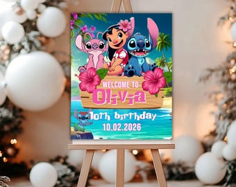 Stitch Birthday Welcome Sign, Printable Lilo and Stitch Poster, Kids Stitch Angel Birthday party, Aloha Stitch welcome sign, Canva Template