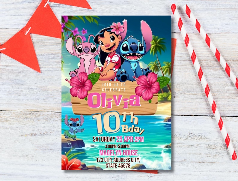Stitch and Angel Birthday Invitation Editable Template, Kids Lilo & Stitch Party Invite, Printable 5x7 Digital Birthday Canva Evite