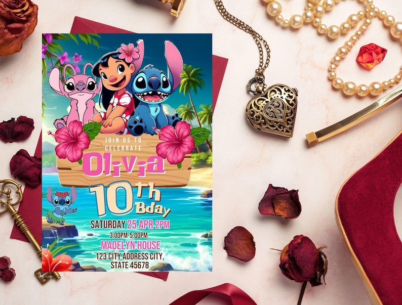 Stitch and Angel Birthday Invitation Editable Template, Kids Lilo & Stitch Party Invite, Printable 5x7 Digital Birthday Canva Evite