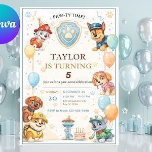 以下が含まれることがあります： 漫画のキャラクターが登場する誕生日パーティーの招待状。「PAW-TY TIME!」と「TAYLOR IS TURNING 5」の文字が含まれています。デザインには風船、足跡、パーティーの日付が組み込まれています。