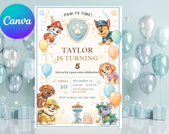 Modèle d'invitation d'anniversaire de patrouille de chiot, Paw-ty de toile modifiable (téléchargement instantané)