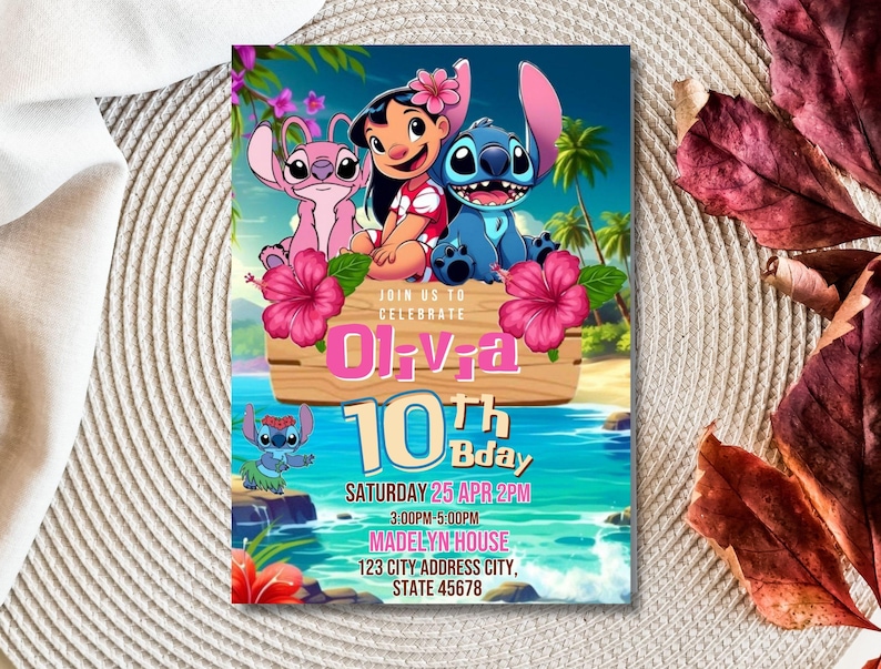 Stitch and Angel Birthday Invitation Editable Template, Kids Lilo & Stitch Party Invite, Printable 5x7 Digital Birthday Canva Evite