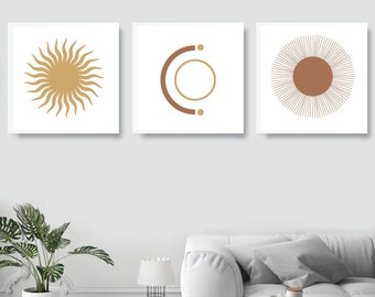 Desert Suns Wall Art / Minimalist Design / DIGITAL DOWNLOAD / Three Square Prints / Gold and Brown Tones / Printable Artwork