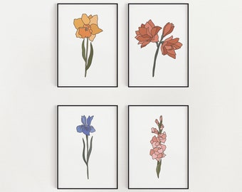 Colorful Botanicals Wall Art / DIGITAL DOWNLOAD / Garden Flowers / Printable Artwork / Daffodil, Amaryllis, Gladiolus / Four Prints