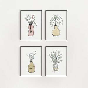 May include: Four framed illustrations of plants and flowers in vases. The top left image shows pink and white flowers in a pink vase. The top right image shows a green plant in a yellow vase. The bottom left image shows a green plant in a brown vase. The bottom right image shows a green plant in a white pot on a stool.