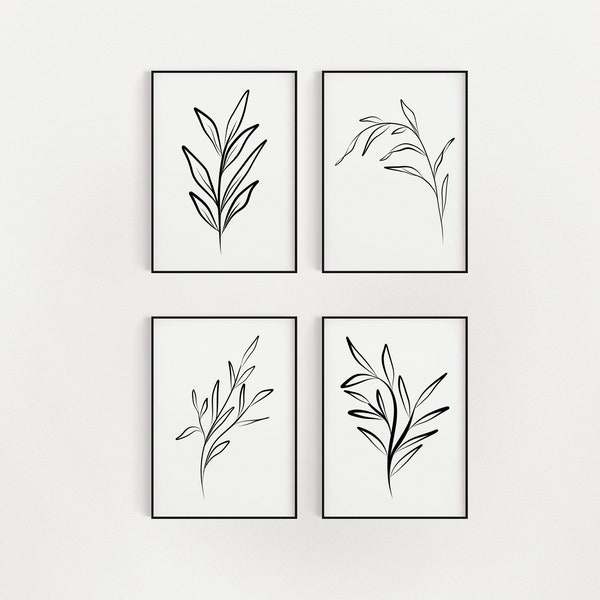 Botanical Black & White Prints, Set of 4, DIGITAL DOWNLOAD, Modern Plant Wall Art