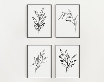 Botanical Black & White Prints, Set of 4, DIGITAL DOWNLOAD, Modern Plant Wall Art