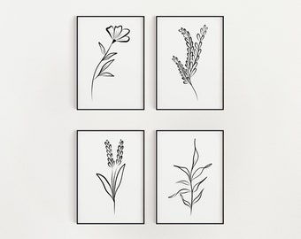 Lovely Botanical Plant Set of 4 Prints, Black and White, DIGITAL DOWNLOAD, Simple Flower & Plant Wall Art