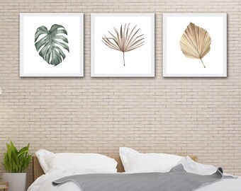 Green & Dried Palms Wall Art / DIGITAL DOWNLOAD / Three Square Prints / Printable Artwork / Boho Tropical Wall Decor / 12x12 16x16 20x20