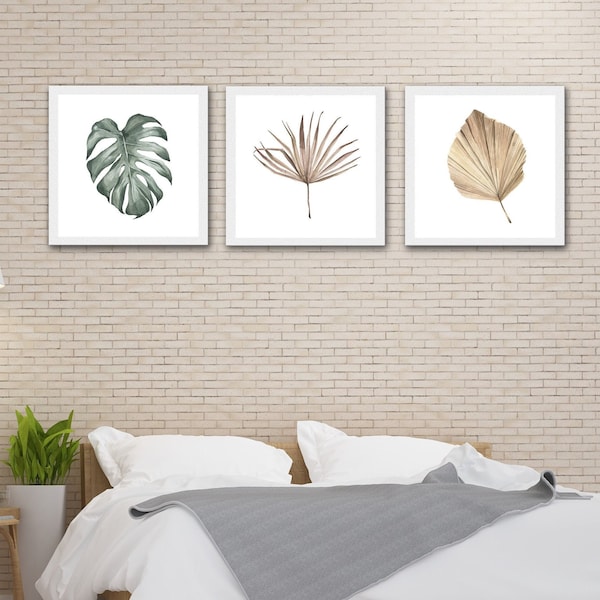 Green & Dried Palms Wall Art / DIGITAL DOWNLOAD / Three Square Prints / Printable Artwork / Boho Tropical Wall Decor / 12x12 16x16 20x20