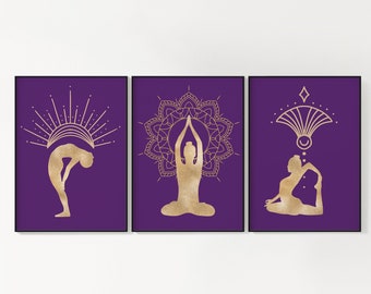 Yoga Poses Wall Art / DIGITAL DOWNLOAD / PRINTABLE Wall Decor / Deep Purple Gold / Mandala / Meditation / Yoga Studio