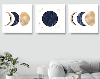 Moon Phase Wall Art / Dark Blue Gold / DIGITAL DOWNLOAD / PRINTABLE Artwork / Full Moon / Stars / Celestial