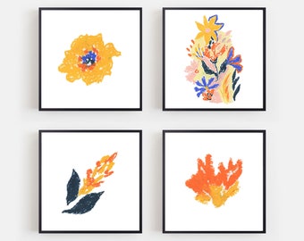 Flower Expression Wall Art / DIGITAL DOWNLOAD / 4 Square Digital Prints / Printable Wall Art / Creative Unique Artwork / Colorful Florals