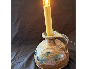 Rowe Pottery 2002 Blue Floral Pattern Electric Candle Lamp With Handle & 84" Cord 5" Base Height 10" Total Height
