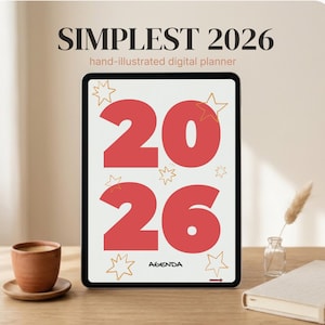 May include: A digital tablet displaying a planner cover with the text SIMPLEST 2026 hand-illustrated digital planner. The screen features large red numbers 2026, orange hand-drawn star outlines, and the word AGENDA in black at the bottom.