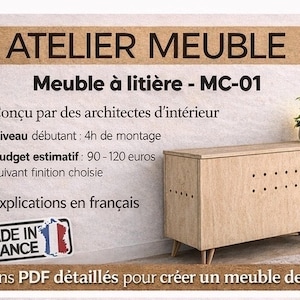 Peut inclure: Un meuble en bois clair avec une découpe arrondie et de petits pieds inclinés. Le meuble comporte une série de petits trous espacés sur le devant. Le texte sur l'image indique "ATELIER MEUBLE" et "MADE IN FRANCE".