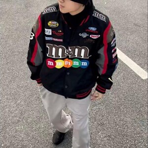 M&M Racing Varsity Jacket | Y2K Streetwear Bomber | Vintage Branding Patch Jacket | Black Cream Colorway | Unisex Oversized Fit