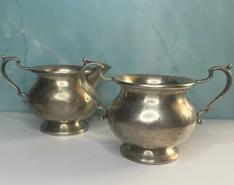 Vintage Pewter Creamer and Sugar Bowl Set | Primitive Country Farmhouse Coffee Tea Service