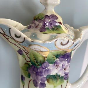 Vintage Nippon Hand-Painted Chocolate Pot – Purple Violets, Gold Scrollwork, Hexagonal Form