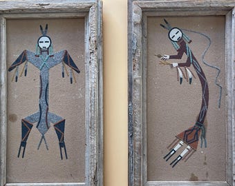 Vintage Navajo Sand Painting Pair Signed Nettie Peters Framed Rainbow Yei Southwest Art
