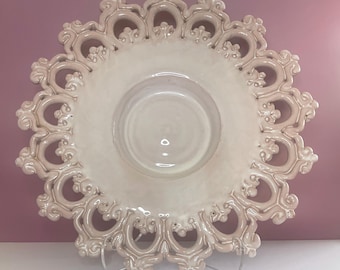 Vintage Italian Pierced Ceramic Decorative Plate Lace Rim Blush Cream 1950s