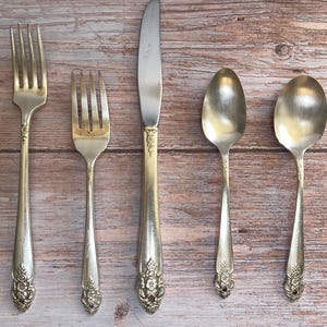 May include: A five-piece silver-toned flatware set consisting of a dinner fork, a salad fork, a dinner knife, a soup spoon, and a teaspoon. Each piece features a metallic finish with intricate floral embossed detailing on the handle base.