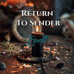 May include: A burning black candle with the words "Return to Sender Spell" in white and teal script. The candle is on a wooden surface with dried herbs and crystals. Smoke rises from the flame, creating a mystical atmosphere.