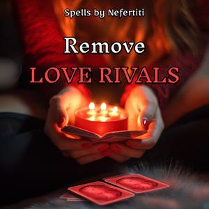 May include: Image features a red candle with three lit flames, held in cupped hands. The text "Remove LOVE RIVALS" is displayed, with "Spells by Nefertiti" at the top. Two red cards are at the bottom, suggesting a theme of love and spirituality.