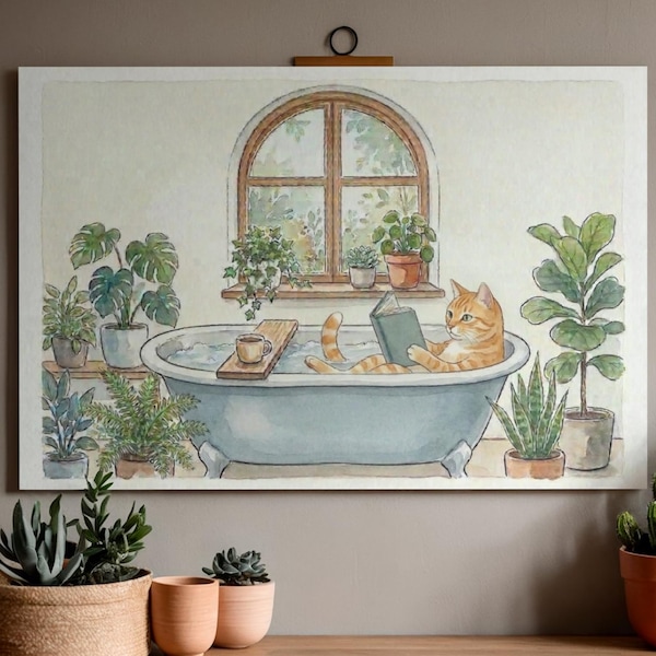 Lámina de acuarela de un gato naranja en la bañera, divertida decoración para el baño, arte de un gato leyendo un libro, regalo original para amantes de las plantas. Descarga digital instantánea.