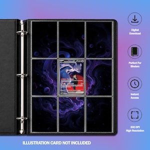 May include: A black three-ring binder page insert featuring a dark purple and black cosmic nebula background with nine clear plastic pockets. One pocket contains a Mewtwo GX trading card. Text includes Digital Download, Perfect For Binders, Instant Access, 300 DPI High Resolution, and ILLUSTRATION CARD NOT INCLUDED.