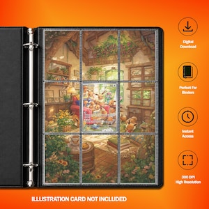 May include: A black three-ring binder containing nine clear plastic pockets. The center pocket holds a trading card featuring multiple Eevee characters in a cozy room. The binder pages display a continuous, detailed illustration of a rustic interior.