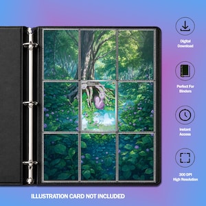 Puede incluir: Una carpeta negra de tres anillas con una página de nueve bolsillos que muestra una ilustración de bosque continua con una carta de criatura morada en el centro. El texto a la derecha incluye Digital Download, Perfect For Binders, Instant Access y 300 DPI.