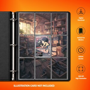 May include: A black three-ring binder with clear plastic pockets containing a trading card featuring an illustration of a person in a room. The binder has a metal spine with three rings. Text on the right includes Digital Download and 300 DPI.