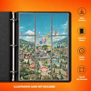 May include: A black three-ring binder containing a nine-pocket plastic page filled with a panoramic illustration of a theme park. The centre card features a Drifloon character. The right side displays text icons for digital download and 300 DPI.