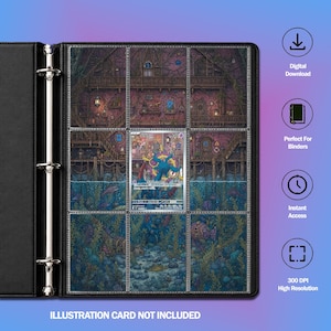 Peut inclure: Un classeur noir à trois anneaux avec neuf pochettes en plastique transparent contenant une illustration en plusieurs parties d'une maison en bois sur l'eau, avec une carte à collectionner au centre. Le texte à droite indique Digital Download, Perfect for Binders, Instant Access, 300 DPI High Resolution et ILLUSTRATION CARD NOT INCLUDED.