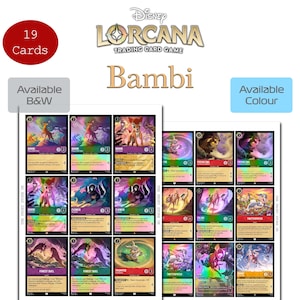 May include: A collection of 19 Disney Lorcana trading cards featuring Bambi and other characters. The cards are displayed in a grid layout with colorful illustrations, text, and game statistics. The image includes the text Disney Lorcana Trading Card Game, Bambi, 19 Cards, Available B&W, and Available Colour.