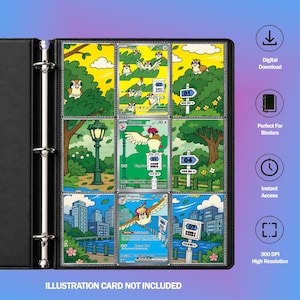 Peut inclure: Un classeur noir à trois anneaux contenant neuf pochettes pour cartes à collectionner. Les pochettes contiennent des cartes illustrées avec des personnages Pidgeotto et Pidgeot dans des parcs et villes. Texte incluant Digital Download et 300 DPI.