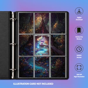 May include: A black three-ring binder containing nine clear plastic pockets filled with fantasy-themed forest illustrations and a central Noibat trading card. Text on the right includes Digital Download, Perfect For Binders, Instant Access, and 300 DPI High Resolution.