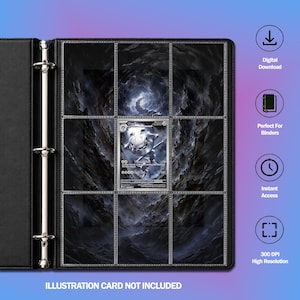 May include: A black three-ring binder with nine clear plastic pockets featuring a dark, rocky cavern background design. One pocket contains a metallic silver Steelix trading card. Text on the right includes Digital Download and 300 DPI.