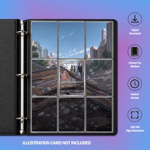 May include: A black three-ring binder with nine clear plastic pockets, one of which contains a trading card featuring a Dugtrio illustration. To the right, four circular icons with text read Digital Download, Perfect For Binders, Instant Access, and 300 DPI High Resolution.