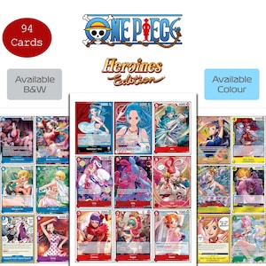 Puede incluir: Una colección de 94 cartas coleccionables de One Piece Heroines Edition con varias personajes femeninas en ilustraciones a todo color. Las cartas muestran nombres de personajes, niveles de poder y arte único en una cuadrícula.