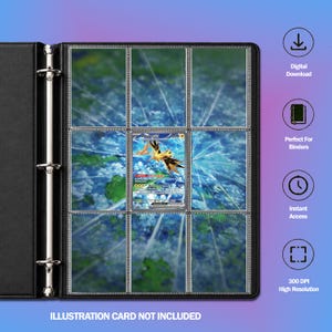 May include: A black three-ring binder with nine clear plastic pockets per page. One pocket contains a Zapdos trading card. Text on the right includes Digital Download, Perfect For Binders, Instant Access, 300 DPI High Resolution, and Illustration Card Not Included.